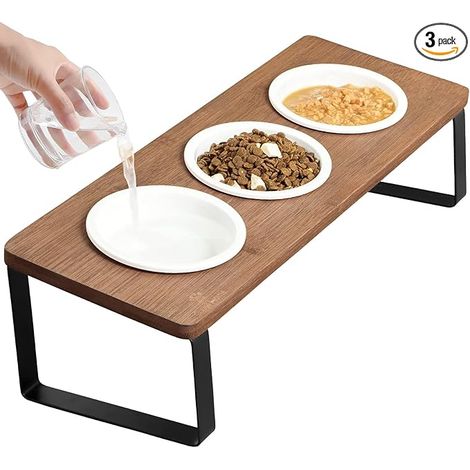 GUUSII HOME Ceramic Raised Cat Bowl for Cats 3 Bowls Diameter 12 cm Incline 15° Anti Vomiting 3 in 1 Kitten Bowl Set with Bamboo Stand (1/5)