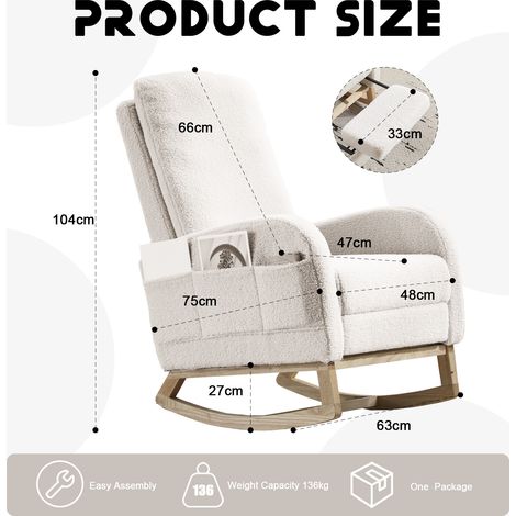 Fauteuil à bascule d'allaitement à dossier haut en teddy avec base en bois, poche latérale et repose-pieds, blanc. (1/5)