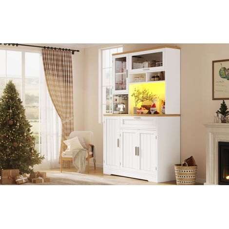 Meuble de cuisine haut, vitrine avec éclairage LED, 104x40x180 cm, blanc/noir, pour cuisine et salon (1/5)