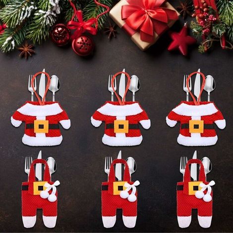 6PCS Santa Clause Poche Coutellerie Sac de Vaisselle, Porte-Couverts Serviette Couteaux Fourchette Cuillère en Forme de Costume Père Noël Mignon Décoration-DOU