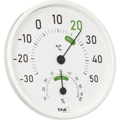 TFA Dostmann Termometro Igrometro, Termoigrometro analogico, clima interno ambiente, 45.2045.02, per interni ed esterni, Temperatura e Umidità con zone di comfort colorate, bianco (1/3)