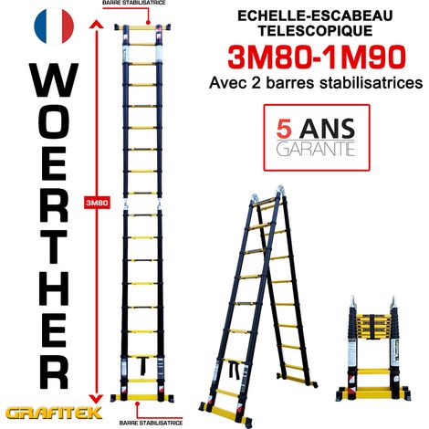 Echelle-escbeau télescopique3m80/1m90 Woerther avec barre stabilisatrice - Charge maximal 150Kg - Garantie 5 ans (1/3)