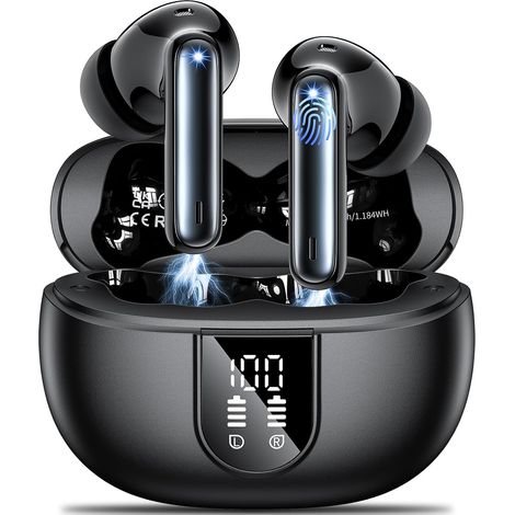 Ecouteurs Bluetooth sans Fil Casque Bluetooth 5.3 avec 4 ENC Réduction Bruit Mic Écran IP6 Étanche LED 42H Durée Lecture Sport HiFi Son Stéréo Oreillette Contrôle Tactile pour iOS Android Noir (1/5)