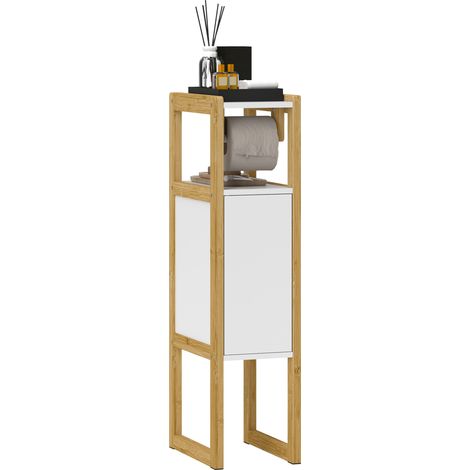 Porte-serviette bambou blanc 20x33x80cm, meuble salle de bain avec porte-rouleau et étagère, rangement mural salvaspazio
