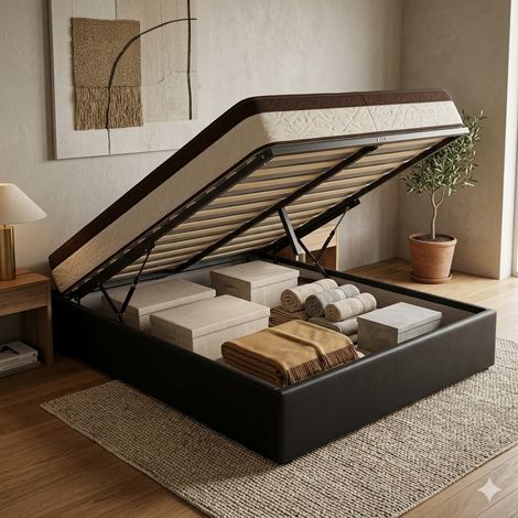 Ensemble Lit Coffre et Matelas 120x190 cm - Couleur : Noir - Sommier Relevable avec Grand Coffre de Rangement et Vérins Hydrauliques - Matelas Soutien Très Ferme Confort Enveloppant - Lit Coffre Déhou (1/5)