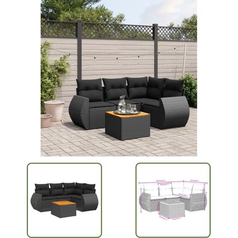 The Living Store Salon de jardin 5 pcs avec coussins noir résine tressée - Ensemble Salon De Jardin - Meuble Extérieur - Jardin - Terrasse - Patio (1/3)