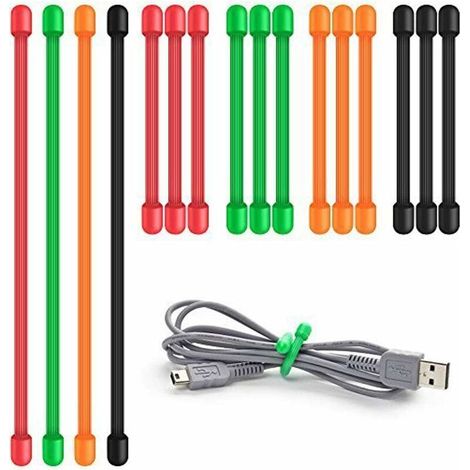 Attaches torsadées Lot de 16 serre-câbles en silicone Organisateur de cordons en caoutchouc réutilisable polyvalent pour la gestion des câbles (3 pouces, 6 pouces) (1/5)