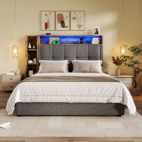Bett 90x200 Bettgestell Stauraum LED USB Grau HAVRYA (1/5)