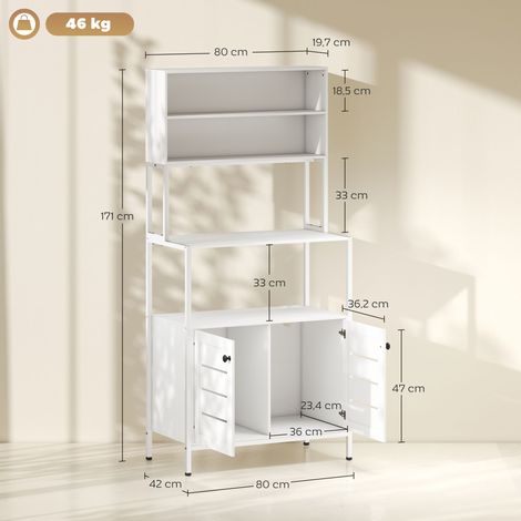Mensola da cucina con presa di corrente, supporto per microonde con 2 ante, 2 porte USB e scomparti, bianca.