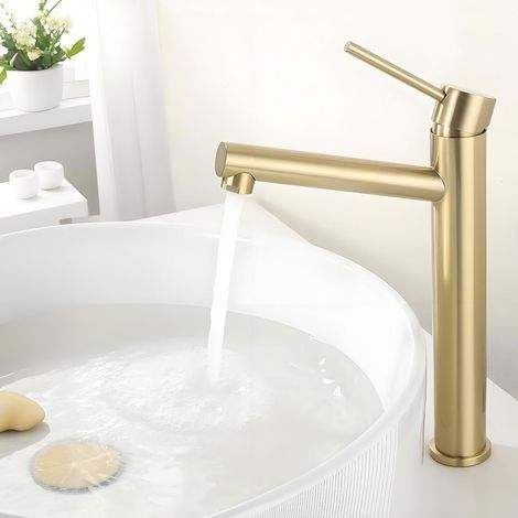 Robinet de Lavabo Haut Doré, Mitigeur Vasque à Poser, Robinetterie Salle de Bain Chaud et Froid Réglable, Acier Inoxydable, Aérateur Démontable, Doré (1/5)