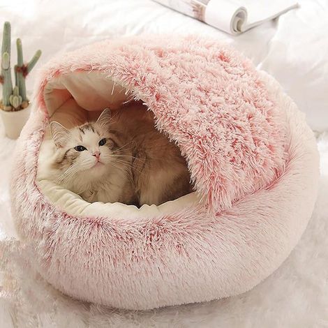 Gemütliche Tierhöhle und Begleittierbett, weicher Plüsch-Schlafsack in Donutform, warm in Rosavelours-Farbe, 35 cm Korb.