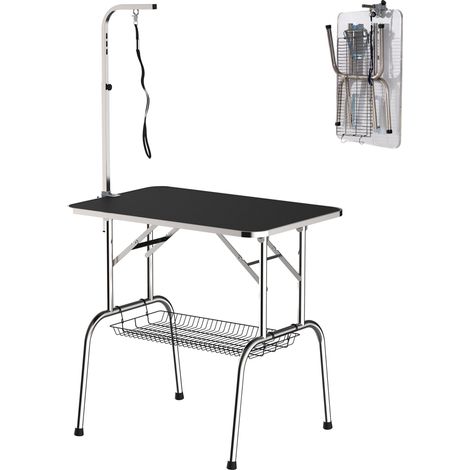 Table de toilettage, table de coupe, table de tondeuse, pliable, réglable en hauteur, en acier inoxydable, noire, adapté aux animaux de compagnie, de