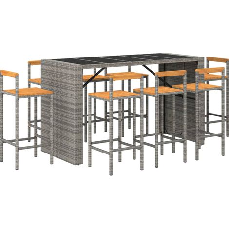 Ensemble de bar de jardin meuble extérieur terrasse 9 pièces gris poly rotin/bois massif acacia