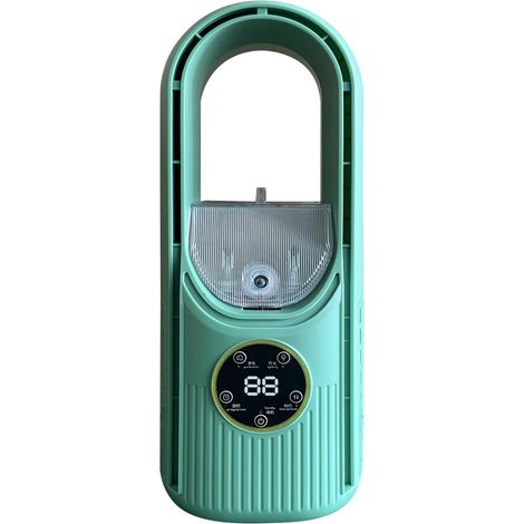 Ventilador de escritorio eléctrico sin aspas, con enchufe USB, rociador ajustable, 6 modos, luz nocturna LED y función de niebla de agua (verde). (1/3)