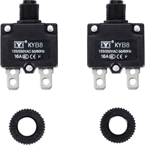 2 pièces disjoncteur thermique 16A, protection contre les surcharges thermiques 125-250V AC 50V DC, 16A bouton poussoir disjoncteur à réinitialisation manuelle (1/5)