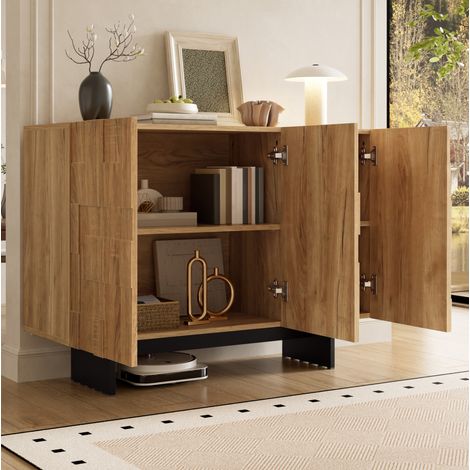 Credenza a 3 ante 105 x 33,5 x 76 cm, ripiani regolabili, naturale e nero HAVRYA (1/5)