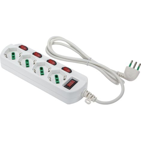 FANTON 474344 Multipresa OMEGA 4 prese bipasso schuko 2P+T 16A con interruttore luminoso su ogni presa cavo 1,5 m. 3G0,75 H05VV-F spina piccola 10A + interruttore automatico luminoso di sovraccarico (1/3)