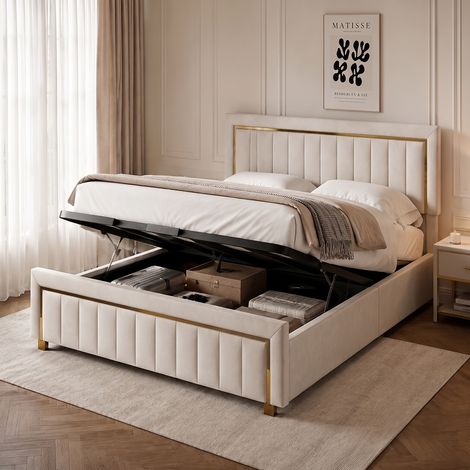 Letto matrimoniale contenitore 180 x 200 cm, con ampio vano portaoggetti e meccanismo idraulico, rete a doghe, testiera capitonné e profilo dorato, beige (1/5)