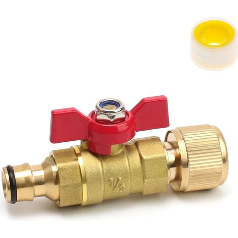 Connecteur Tuyau Arrosage Laiton avec Vanne et 1 Ruban Brut, Laiton Valve D'arrêt D'eau Rapide en Ligne, Raccords Tuyau Rapides Vanne, pour Tuyau D'arrosage 1/2 à 3/4 et Réservoir D'eau (1/5)
