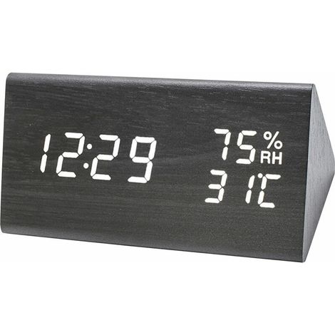 Reveil triangle de temperature et d'humidite en bois a LED 9069 (chargement USB ou batterie a double usage, livraison sans piles, caracteres blancs en bois noir caracteres blancs en boi (1/5)