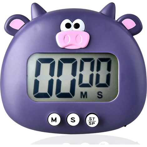 Timer da cucina, timer digitale a forma di animale dei cartoni animati, timer per conto alla rovescia per bambini, display LCD, timer da cucina magnetico con interruttori on/off (viola)