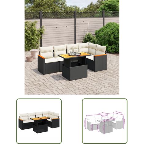 The Living Store Salon de jardin 6 pcs avec coussins noir résine tressée - Ensemble Salon De Jardin - Meuble Extérieur - Résine Tressée - Rotin Synthétique - Table Extensible (1/3)