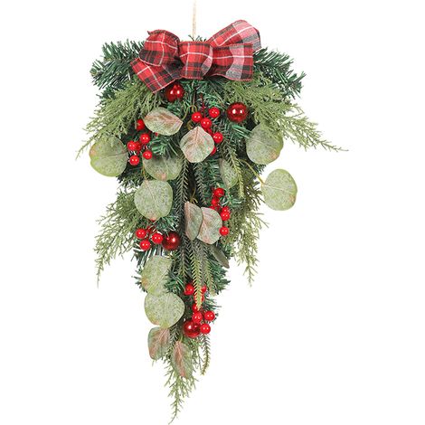 Künstliche Weihnachtsgirlande in Tropfenform aus PVC-Kiefernholz mit Eukalyptusblattkugel für Haustür und Kamin, 30 x 55 cm (1/2)
