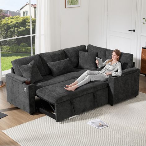 Ecksofa Chenille Dunkelgrau 206,5x141x86 cm, ausziehbar, mit Stauraum, rechter Récamiere, USB und Getränkehalter (1/5)