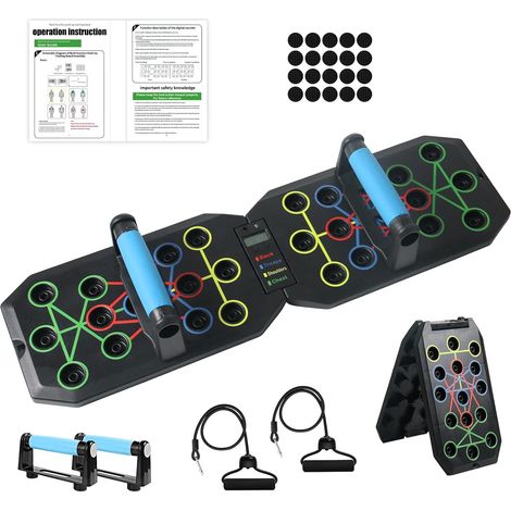 Planche à Pompes Avec Bandes de Résistance, Barre de Pompes Pliable Avec Compteur/Minuteur, équipement de Musculation Multifonctionnel pour la Maison, Support à Pompes Avec Poignées (1/5)
