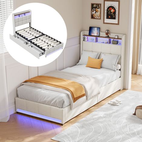 Letto con cassetti 90x200 cm, singolo, letto singolo con stoccaggio, 2 cassetti, illuminazione LED, mensole, USB-A/C, rete a doghe in legno, struttura in metallo, letto imbottito in lino – Beige
