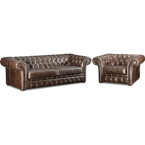 Divano e poltrona Chesterfield in pelle invecchiato - Marrone - CLOTAIRE (1/5)