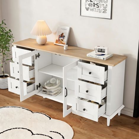 Credenza in MDF bianco e legno 150 x 40 x 75 cm, 2 ante in acrilico, 6 cassetti, LED