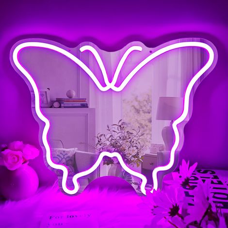 Enseigne néon miroir en forme de papillon (Violet) — Miroir lumineux LED à intensité variable alimenté par USB, parfait pour les chambres à coucher et les chambres de filles (1/5)