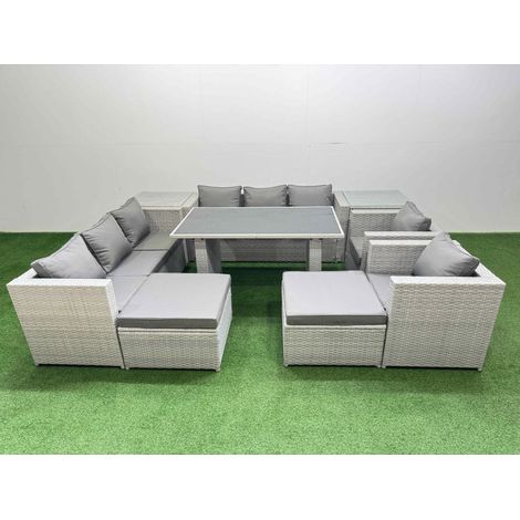 Fimous 10 Seater Wicker PE Rattan Furniture Outdoor Dining Table 3 Seater Sofa Armchair Set with 2 Side Tables 2 Big Stools Light Grey (1/5)