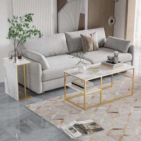 JOOKGBD-Table Basse 105x52x48.5cm,Lot de 2 Table Basses Rectangulaires,gigogne carrée avec Espace de Rangement,Table d'appoint de Salon,Table de Canapé en Bois,pour Salon,Chambre à Coucher,Doré