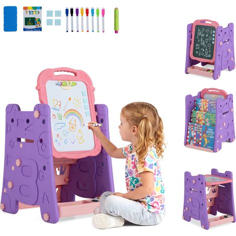 Chevalet enfant rose 3 en 1 avec tableau magnétique double face, hauteur réglable et rangements pour chambre, école et salle de jeux (1/5)