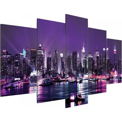 Tableau Mural Cityscape - Toile Imprimée Haute Définition - Vue Nocturne Mer Ville - 5 Panneaux Sans Cadre - Décoration Murale Salon Chambre Bureau - Lot de 5 (1/5)