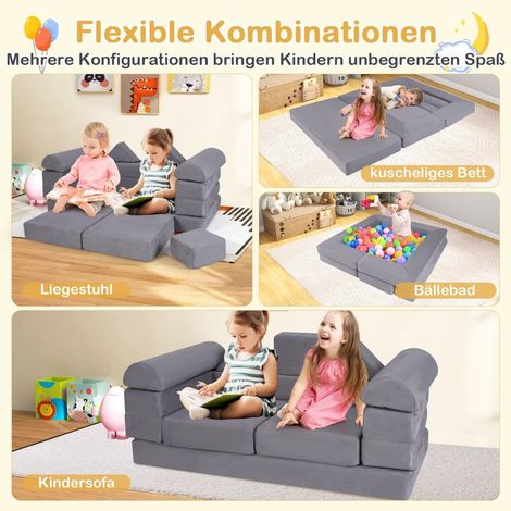 Modulares kindersofa 9 teiliges spielsofa aus schaumstoff bausteine mit bequemem wildlederstoff grau