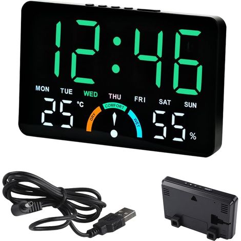 Horloge murale numérique LED avec alarme, température, date, jour de la semaine, réglage de la luminosité, 16 x 10 x 3,3 cm, fonctionne sur piles, idéale pour la maison et la chambre (verte). (1/5)