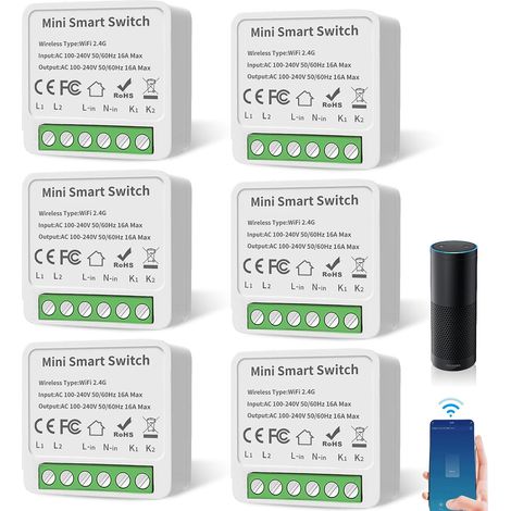Lot de 6 modules intelligents - Mini interrupteur Wi-Fi 2 voies - Interrupteur Smart Life - Conducteur neutre nécessaire (1/5)