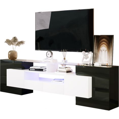 TV-Lowboard mit 4 Türen, 2 Schubladen, 3 Fächern und LED, Hochglanz-Front, 200×35×60 cm, aus Holzwerkstoff, Schwarz-Weiß (1/5)