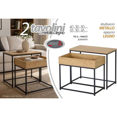Set aus zwei metallischen und hölzernen Beistelltischen, 60 x 30 x 50 cm und 55 x 30 x 45 cm, modern und vielseitig