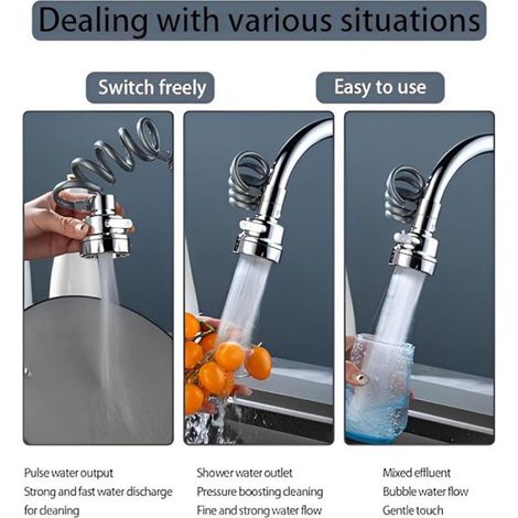 Aérateur De Robinet Pivotant à 360°, 2Pc Embout Robinet Cuisine avec 3 Modes Mitigeur Cuisine avec Douchette Extractible Adaptateur (1/5)