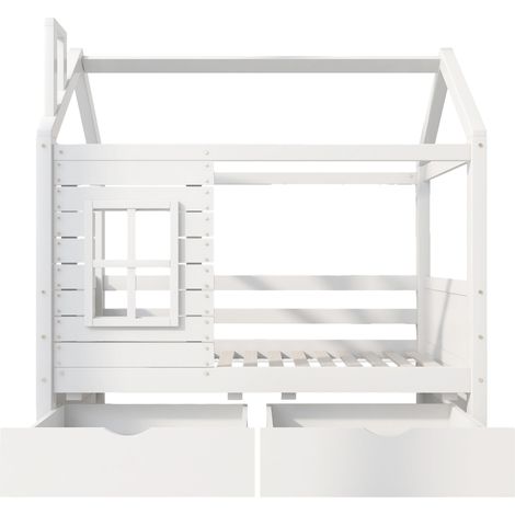 Lit cabane enfant 80 x 160 cm avec barrière, fenêtres, sommier à lattes, pin blanc (1/5)