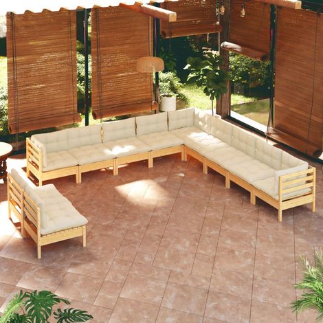 vidaXL Muebles de jardín 11 pzas y cojines madera maciza de pino crema (1/5)