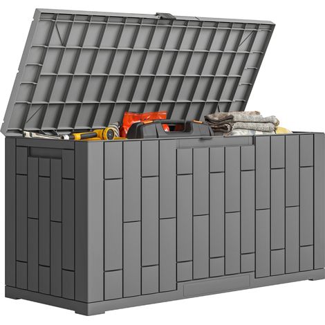 Coffre de rangement extérieur - Outsunny - verrouillable avec vérin à gaz, aspect bois - pp - 227 L - gris