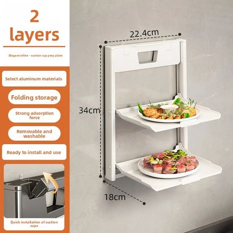(Blanc, deux niveaux - 1 pièce) Égouttoir mural à ventouses multi-niveaux pour la préparation de la vaisselle en cuisine - Étagère de rangement pliable pour un rangement facile (1/5)