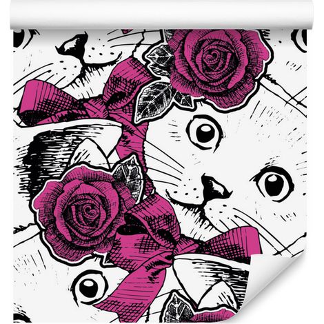 Papel pintado de gatos y rosas para salón y dormitorio, 50x1000 cm. (1/5)