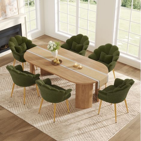 6er Set moderne Sessel, gepolsterter Sitz mit Blütenblatt-Rückenlehne, goldfarbenen Metallbeinen und Schleifenkissen, Armlehnen zur Stützung beider Arme, Teddy-Stoff, für Schlaf- & Esszimmer, Green (1/5)