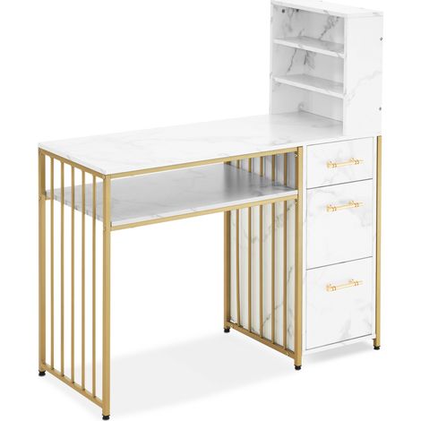 M MCombo Schreibtisch mit 3 Schubladen, Nageltisch aus Holz Metallgestell, Manikürtisch Marmor-Weiß Gold, Schminktisch ohne Spiegel Modern, Computertisch mit Regal Wohnzimmer, 43x108x125cm, 2420 (1/5)